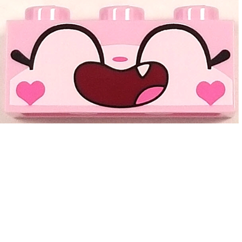 Lego Brick 1 x 3 with Unikitty, Wide Closed Eyes Smiling Open Mouth with One Tooth and Hearts on Cheeks Print / Bright Pink