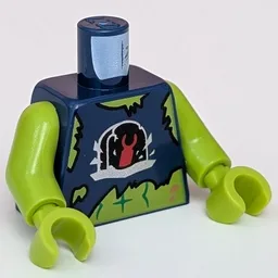 Torso Vest, Tattered, Gravestone with Red Minifig Hand, Lime Body Print, Lime Arms and Hands / Dark Blue
