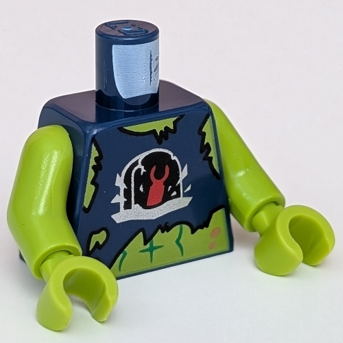 Lego Torso Vest, Tattered, Gravestone with Red Minifig Hand, Lime Body print, Lime Arms and Hands / Dark Blue