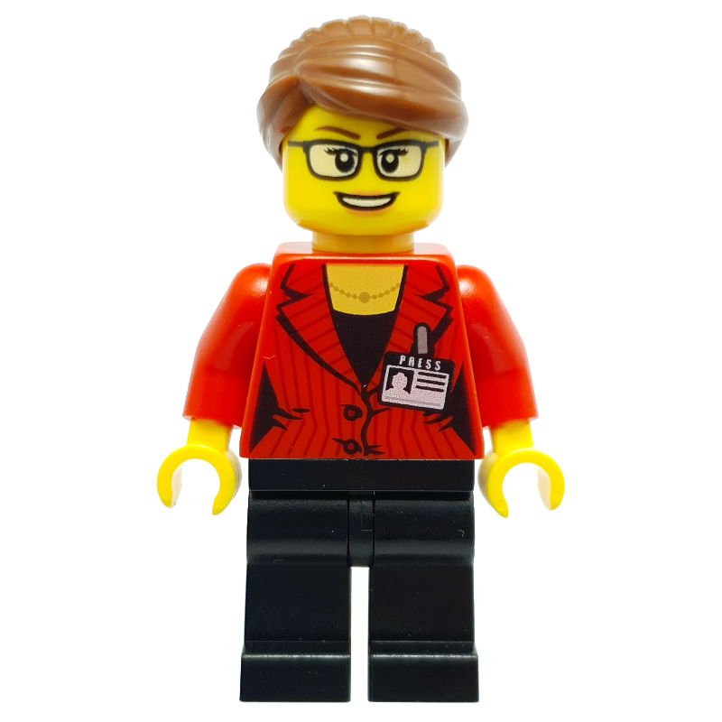 Lego Woman, Red Jacket, Black Legs, Reddish Brown Hair, Clear Badge