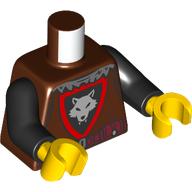 Lego Torso, Silver Wolf on Black Shiels, Red Border print (Wolfpack), Black Arms, Yellow Hands / Reddish Brown