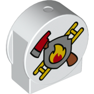 Lego Duplo Brick 1 x 3 x 2 Round Top, Cut Away Sides with Axe, Ladder, and Fire (Fire Logo) Print / White