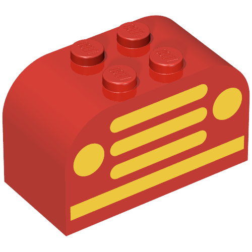 Lego Brick Curved 2 x 4 x 2 Double with Yellow Car Grille and Headlights Print / Red