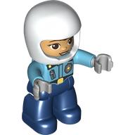 Lego Duplo Figure with Helmet White, Dark Blue Legs, Police Shirt with Badge and Zipper, Warm Tan Face Print / Medium Azure