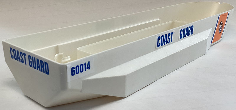 Lego Boat, Hull Unitary 51 x 12 x 6 with Side Bulges, Base with Coast Guard Pattern on Both Sides (Stickers) - Set 60014