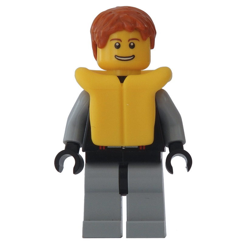 Lego Man, Black and Light Bluish Gray Wetsuit, Dark Orange Hair, Yellow Life Vest