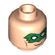 Lego Minifig Head Green Lantern (Hal Jordan), Dual Sided, Green Eyemask, Smirk / Open Mouth Smile Print [Hollow Stud] / Light Nougat