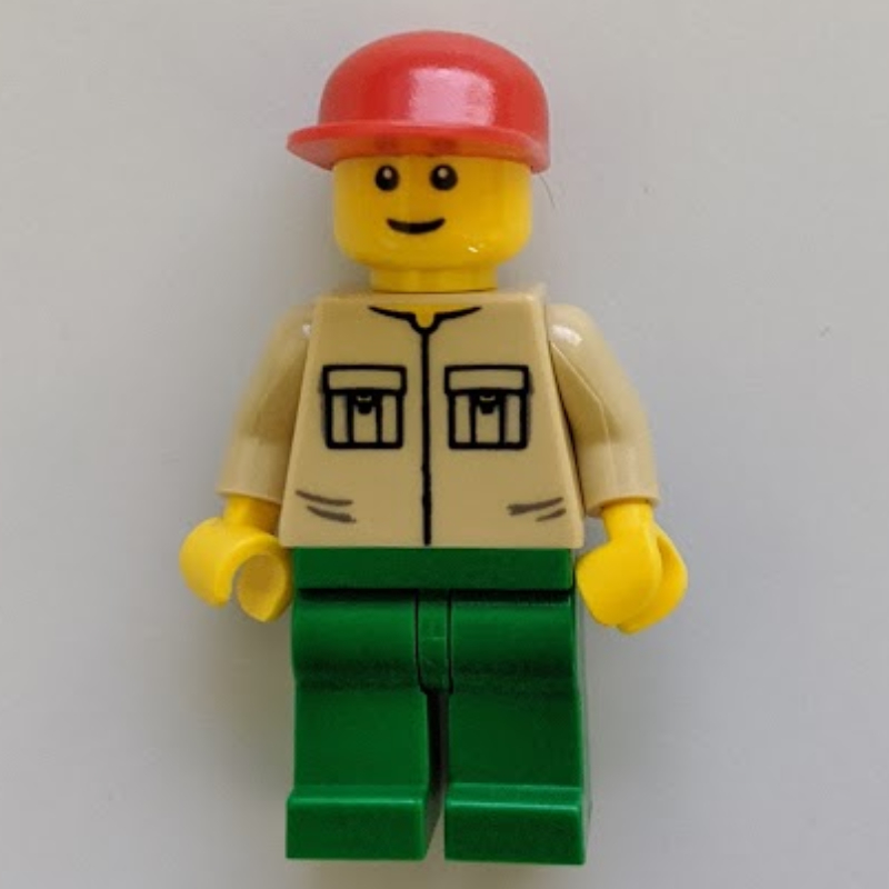 Lego Man, Tan Shirt with Pockets, Green Legs, Red Cap