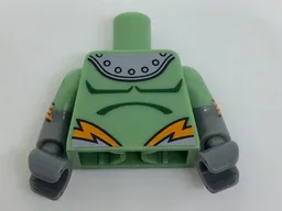 Torso Shoulder Armor with Rivets and Orange Lightning Pattern / Dark Bluish Gray Arms with Molded Sand Green Short Sleeves and Printed Atoms and Orange Stripes Pattern / Dark Bluish Gray Hands