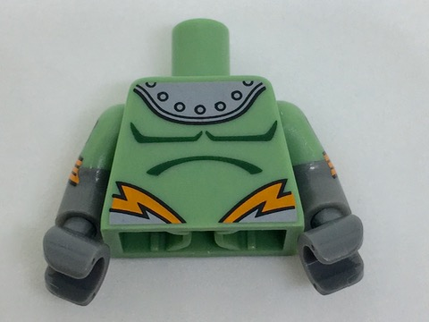 Lego Torso Shoulder Armor with Rivets and Orange Lightning Pattern / Dark Bluish Gray Arms with Molded Sand Green Short Sleeves and Printed Atoms and Orange Stripes Pattern / Dark Bluish Gray Hands