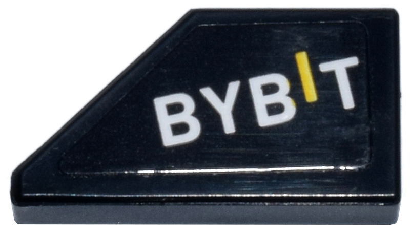 Lego Tile, Modified 1 x 2 Wedge Right with White and Yellow 'BYBIT' Logo Pattern (Sticker) - Set 77243