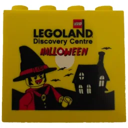 Brick 2 x 4 x 3 with 'LEGOLAND Discovery Centre HALLOWEEN', Witch Print / Yellow