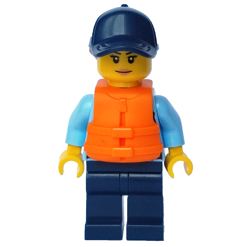 Lego Policewoman, Bright Light Blue Shirt with Radio and Badge, Dark Blue Legs, Dark Blue Cap with Hair, Orange Life Jacket