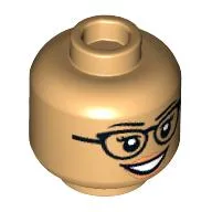Minifig Head, Eyelashes, Black Glasses, Smile/Worried Print / Warm Tan