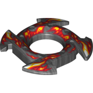 Lego Ring 4 x 4 with 2 x 2 Hole and 4 Arrow Ends with Yellow and Red Flames Print (Ninjago Spinner Crown) / Pearl Titanium
