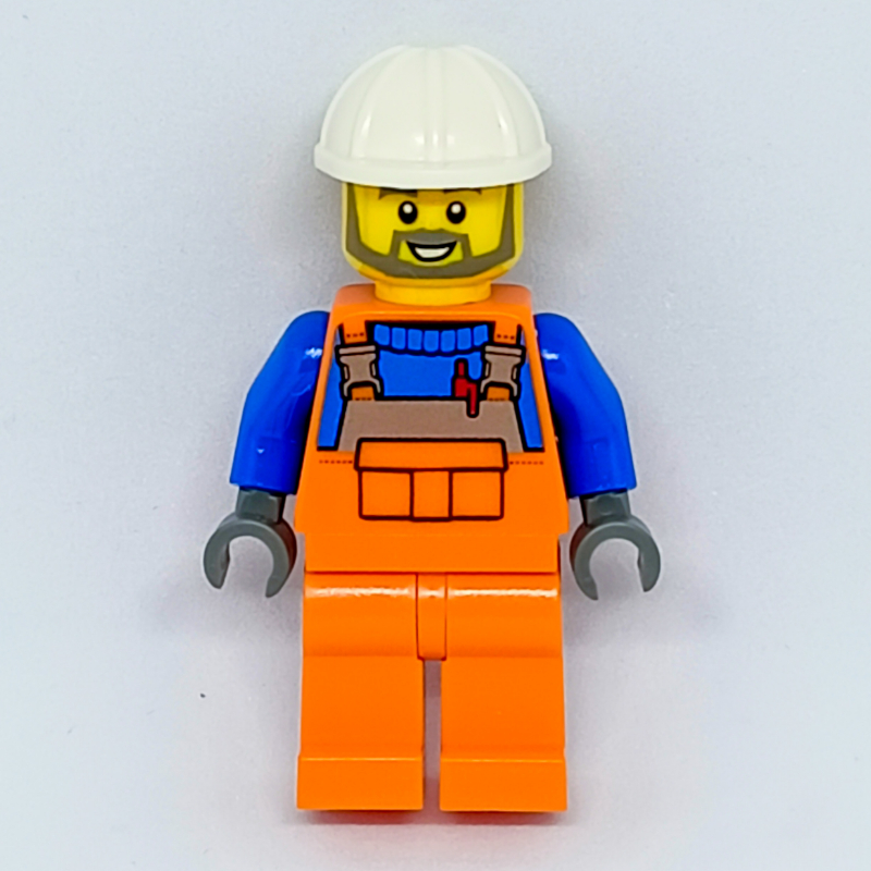 Lego Construction Worker, Orange Overalls over Blue Sweater, White Hard Hat, Beard