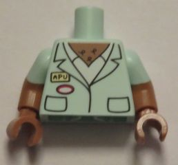 Lego Torso Simpsons Smock with 'APU' Name Tag, White Shirt, and Chest Hair Pattern / Medium Nougat Arms with Molded Light Aqua Short Sleeves Pattern / Medium Nougat Hands