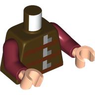 Lego Torso, Pixelated Reddish Brown Straps, Silver Buckles print, Dark Red Arms, Light Nougat Hands / Dark Brown