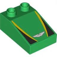 Duplo Brick 3 x 2 Slope 33° with Black and Yellow Panels, Aston Martin Winged Logo Print / Green