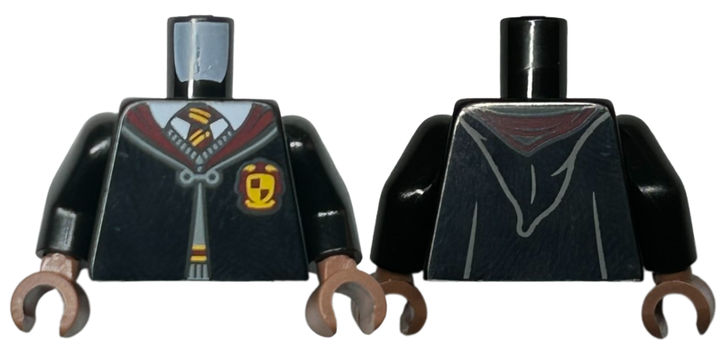Lego Torso Hogwarts Robe Clasped with Gryffindor Crest, Sweater, Shirt and Tie Pattern / Black Arms / Medium Brown Hands