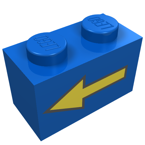 Lego Brick 1 x 2 with Yellow Left Arrow with Black Border Print / Blue