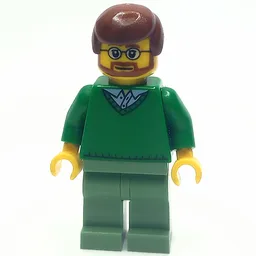 Man, Green V-Neck Sweater, Sand Green Legs, Reddish Brown Hair, Beard and Glasses