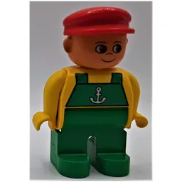 Duplo Figure, Early, with Flat Cap Red, Green Legs, Green Overalls with Anchor Print / Yellow
