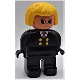 Duplo Figure, Early, Hair Bob Yellow, Black Legs, Four Yellow Buttons and Red Tie Print / Black