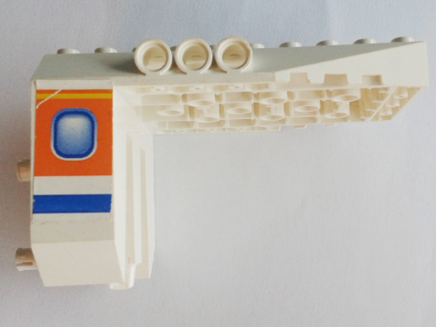 Lego Aircraft Fuselage Aft Section Angular Bottom 6 x 10 x 5 with Blue and Orange Window Pattern on Both Sides (Stickers) - Set 4619