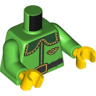 Lego Torso Jacket with Large Rounded Dark Green Collar, Gold trim, Post Office Horn, Black Belt print Bright Green Arms, Yellow Hands / Bright Green