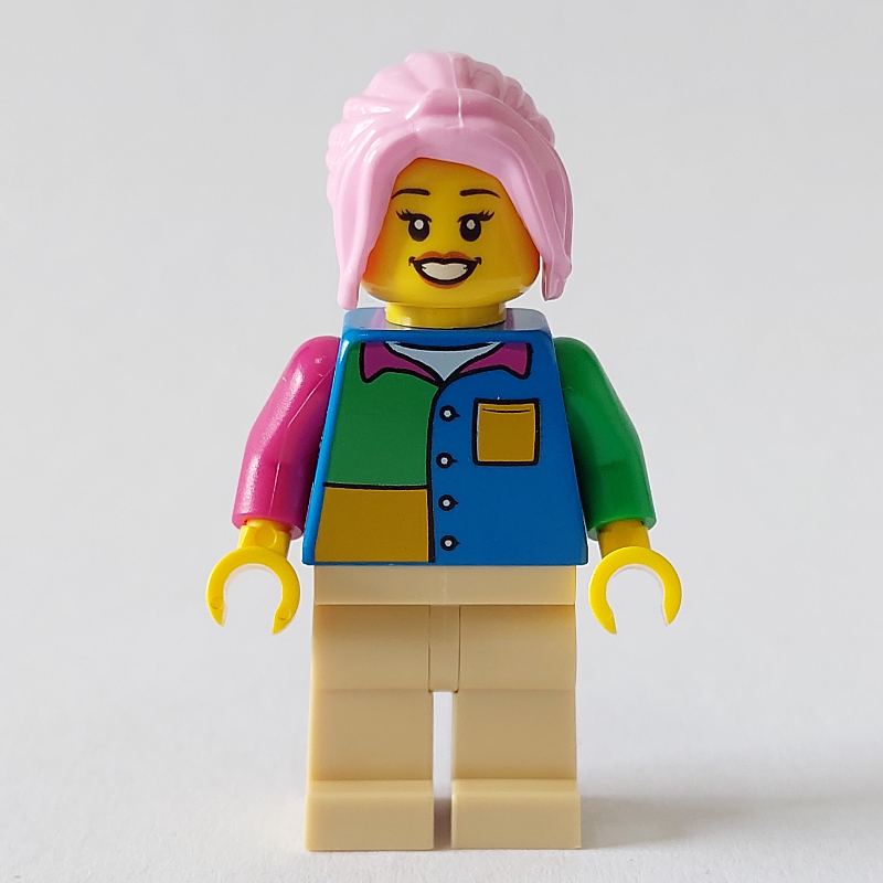 Lego Woman, Blue, Yellow, and Green Shirt, Bright Pink Hair