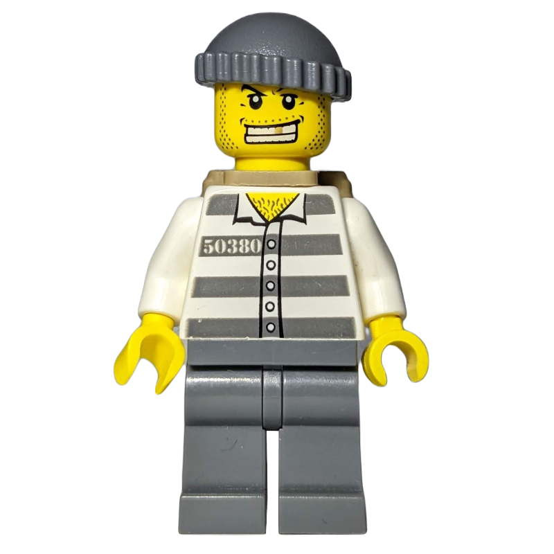 Lego Criminal, Prison Shirt with #50380, Dark Bluish Gray Legs, Dark Bluish Gray Hat, Dark Tan Backpack, Gold Tooth