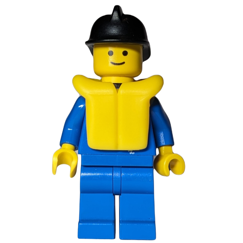 Lego Fireman, Blue Jacket with Zipper, Black Helmet, Yellow Life Vest