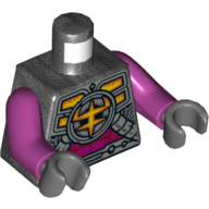 Lego Torso Armor, Orange and Yellow Symbol, Magenta Stomach Print (Snort, Bob), Magenta Arms, Dark Bluish Gray Hands / Pearl Titanium