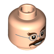 Lego Minifig Head Filius Flitwick, Round Silver Glasses, Dark Brown Bushy Eyebrows and Mustache Print / Light Nougat