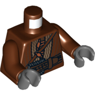 Lego Torso Jacket with Strap, Large Silver Buckle and Orange Toggle Buttons Print, Reddish Brown Arms, Dark Bluish Gray Hands / Reddish Brown