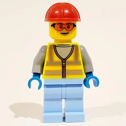 Man, Vibrant Yellow Safety Vest, Bright Light Blue Legs, Red Hard Hat
