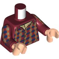 Lego Torso, Plaid Dark Blue/Orange/Olive Green Sweater, Tan Shirt print, Dark Red Arms, Light Nougat Hands / Dark Red