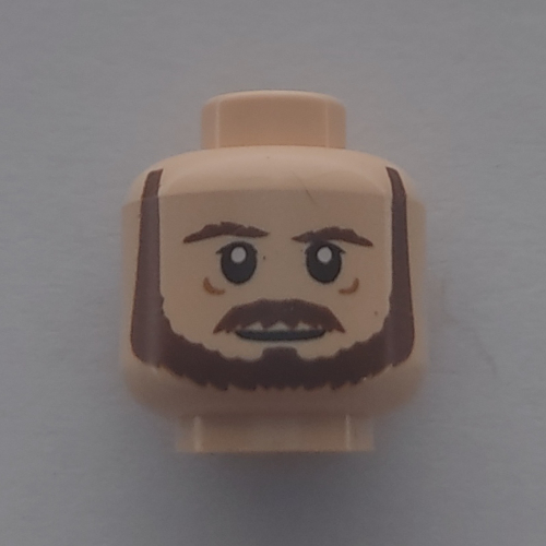 Lego Minifig Head Qui-Gon Jinn, Dual Sided, Reddish Brown Beard, Mustache, Neutral / Raised Left Eyebrow Print [Hollow Stud] / Light Nougat