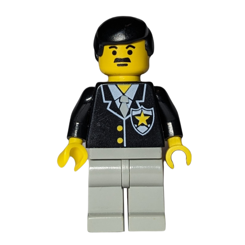 Lego Policeman, Black Jacket with Tie and Badge, Light Gray Legs, Black Hair, Moustache