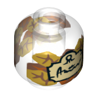 Lego Minifig Head (No Face), Bottle / Jar, Leaves, Tan Label with Black Script Print / Trans-Clear
