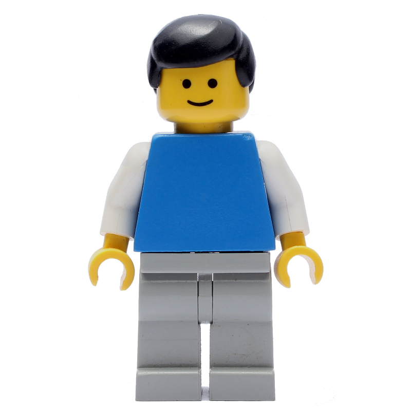 Lego Blue Torso, Light Grey Legs, Black Hair