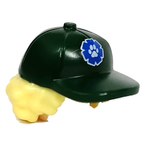 Lego Hair and Hat, Cap with Blue 'RESCUE' Logo, Bright Light Yellow Curly Hair Pattern / Dark Green