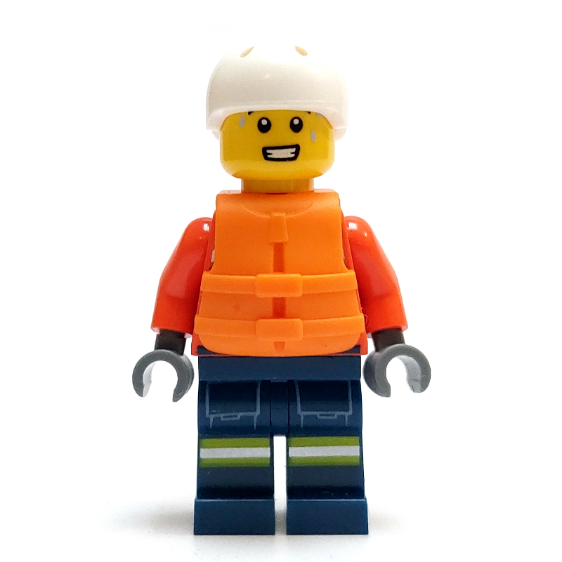 Lego Lifeguard, Reddish Brown Torso, Dark Blue Legs, Dark Brown Hair, Life Vest