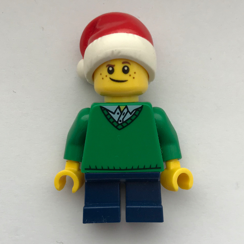Lego Boy, Green Sweater, Short Dark Blue Legs, Santa Hat