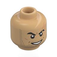 Lego Minifig Head Scorpion, Black Eyebrows, Stubbles, Scar over Eye, Mean Smile / Warm Tan