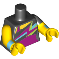 Lego Torso, Odd Dual Molded Arms, Dark Purple, Medium Blue, Lime, Bright Light Orange Colors on Black Shirt Print, Left Black Sleeve Pattern, Yellow Arms and Hands / Black
