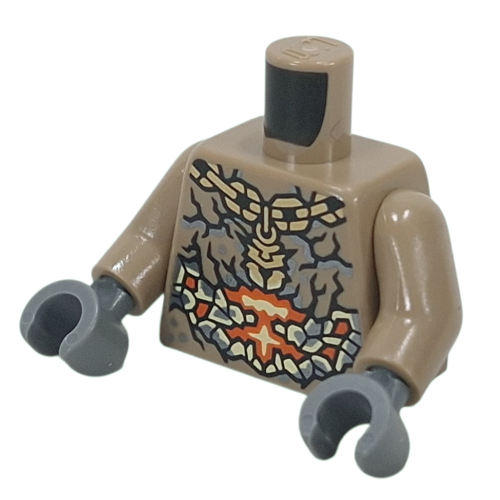 Lego Torso, Dark Bluish Grey Rock Texture, Orange/Bright Light Yellow Center, Gold Chain, Pendant print, Dark Tan Arms, Dark Bluish Gray Hands / Dark Tan
