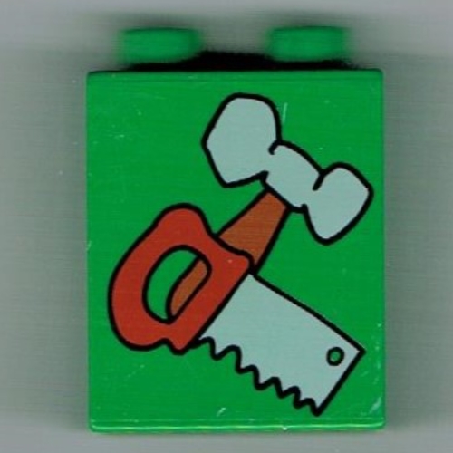 Lego Duplo Brick 1 x 2 x 2 with Hammer and Saw Print / Green