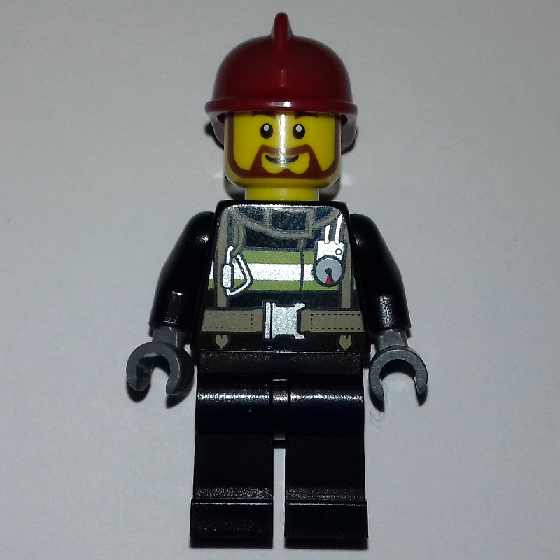 Lego Fireman, Black Fire Suit with Gauge and Straps, Black Legs, Dark Red Helmet, Beard